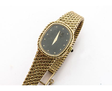 A modern Omega 9ct gold lady's cocktail wristwatch, 21mm case, oval black dial, manual movement 625 cal, appears to run, havi