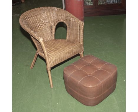 A wicker chair and a pouffe