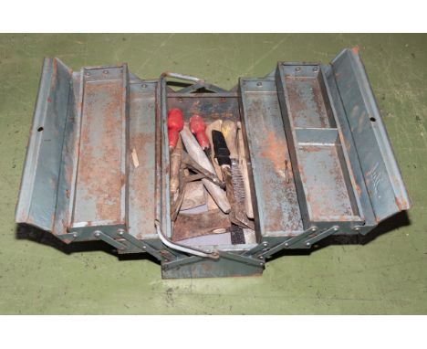 A metal cantilever tool box and contents