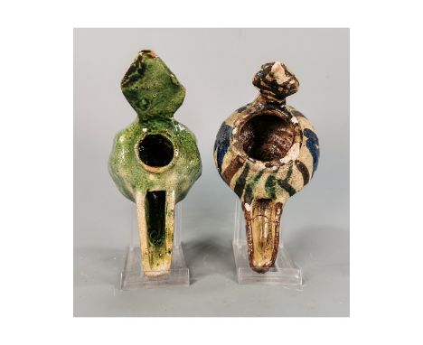 Ca.1000 AD. Pair of Glazed ceramic oil lamps; original glazing; Good Condition; L:130mm/L:140mm 5.12in/5.51in; 415gr; Provena