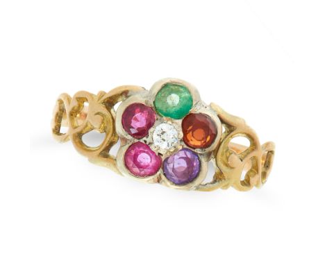 A GEMSET REGARD RING in yellow gold and silver, set with a cluster of round cut ruby, emerald, garnet, amethyst, ruby and dia