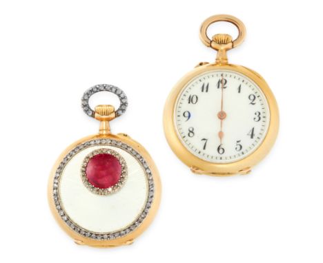 AN ANTIQUE RUBY, DIAMOND AND ENAMEL POCKET WATCH, H MOSER &amp; CIE in 18ct yellow gold, the circular body with an oval caboc