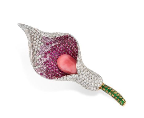 A CONCH PEARL, DIAMOND, RUBY, PINK SAPPHIRE AND EMERALD FLOWER BROOCH / PENDANT in 18ct white and yellow gold, designed as a 