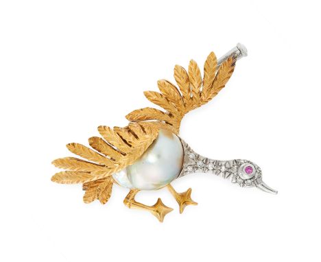 A VINTAGE PEARL, DIAMOND AND RUBY BIRD BROOCH in 18ct yellow and white gold, designed as a bird with its wings splayed, the b