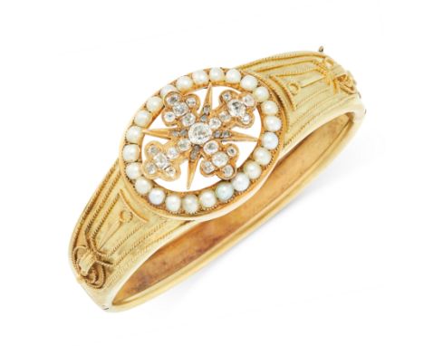 AN ANTIQUE PEARL AND DIAMOND BANGLE, 19TH CENTURY in yellow gold, comprising of a cross motif jewelled with old cut diamonds,