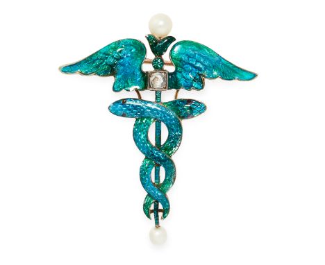 AN ANTIQUE DIAMOND, PEARL AND ENAMEL CADUCEUS BROOCH, CHILD &amp; CHILD in yellow gold and silver, designed as the staff of H