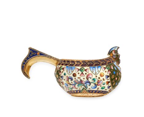 AN ANTIQUE IMPERIAL RUSSIAN ENAMEL KOVSH, MOSCOW 1908-17 in 84 zolotnik silver, the body decorated allover with varicoloured 