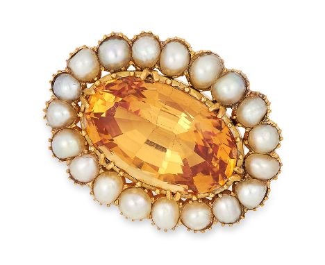 AN ANTIQUE IMPERIAL TOPAZ AND PEARL BROOCH, 19TH CENTURY in yellow gold, set with an oval cut imperial topaz of 16.48 carats 
