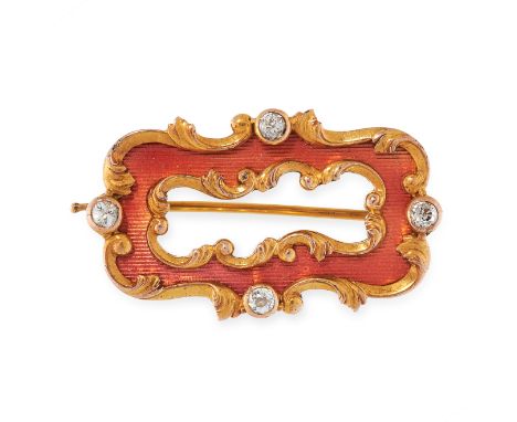 AN ANTIQUE RUSSIAN DIAMOND AND ENAMEL BROOCH, OSKAR PIHL CIRCA 1890 in 56 zolotnik gold, the body decorated with orange guill