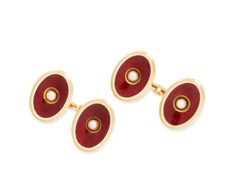 A PAIR OF PEARL AND ENAMEL CUFFLINKS in 18ct yellow gold, each formed of two oval links set with pearls against grounds of re