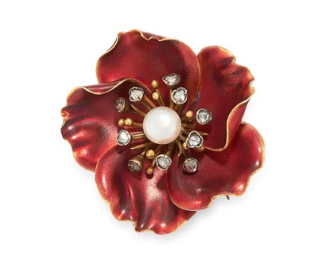 AN ANTIQUE PEARL, DIAMOND AND ENAMEL FLOWER BROOCH in 18ct yellow gold, designed as a flower, set at the centre with a pearl 