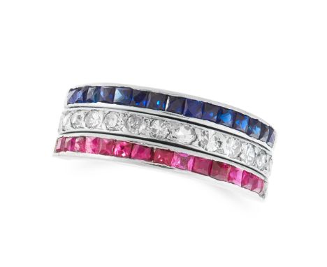 A SAPPHIRE, RUBY AND DIAMOND REVERSIBLE RING the central band set with single cut diamonds flanked by reversible rows of Fren