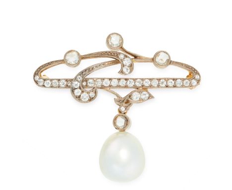 A PEARL AND DIAMOND BROOCH in 18ct yellow and white gold, the Art Nouveau design set with old cut and rose cut diamonds, susp