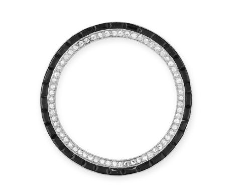 AN ART DECO DIAMOND AND ONYX PENDANT, CARTIER in 18ct white gold, designed as an open circle, set all around with rows of ros