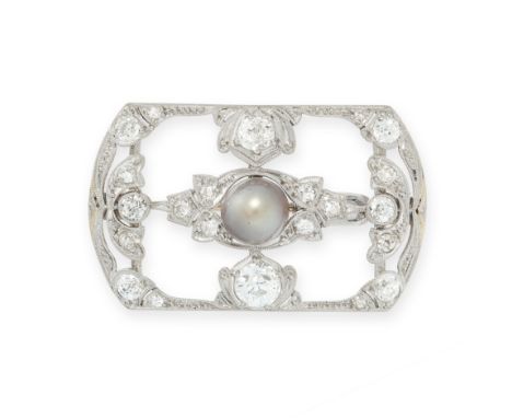 AN ANTIQUE PEARL AND DIAMOND BROOCH, EARLY 20TH CENTURY of rectangular design, set with a black pearl of 6.4mm accented by ol