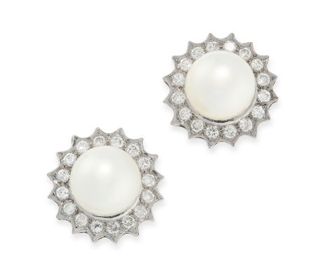 A PAIR OF PEARL AND DIAMOND CLUSTER STUD EARRINGS in 18ct white gold, each set with a central pearl of 11.0mm in a border of 