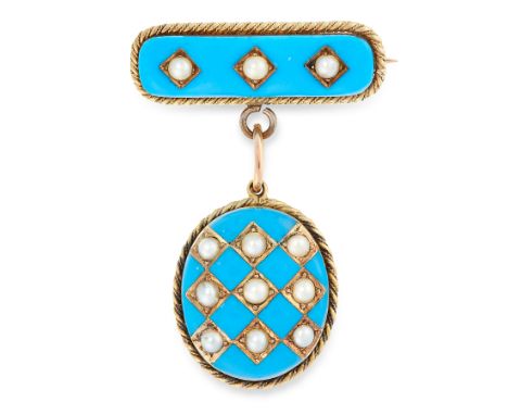 AN ANTIQUE ENAMEL AND PEARL MOURNING LOCKET BROOCH in yellow gold, comprising a bar set with blue enamel and pearls, suspendi