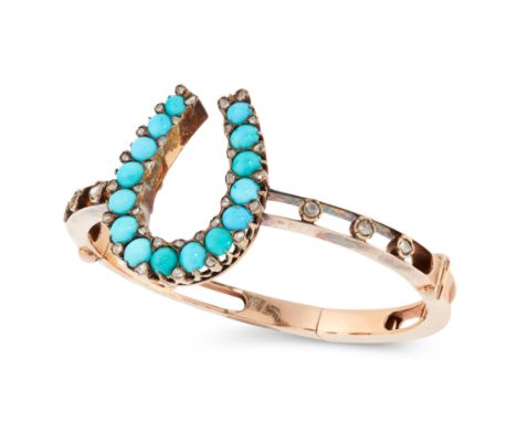 AN ANTIQUE TURQUOISE AND DIAMOND HORSESHOE BANGLE in yellow gold, comprising of a central horseshoe motif set with cabochon t
