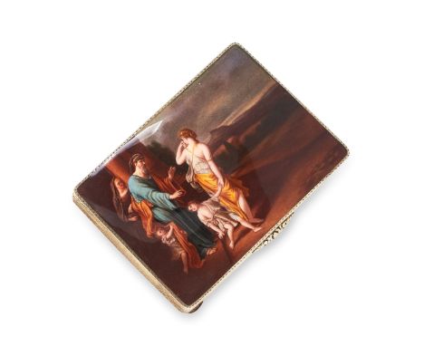 AN ANTIQUE SILVER PICTORIAL PAINTED ENAMEL CIGARETTE CASE / SNUFF BOX, CIRCA 1900 in 935 grade silver, the rounded rectangula