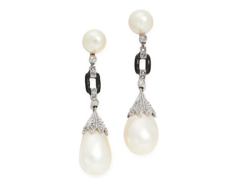 A PAIR OF ART DECO NATURAL PEARL, ENAMEL AND DIAMOND EARRINGS each set with a drop shaped pearl accented by old and rose cut 