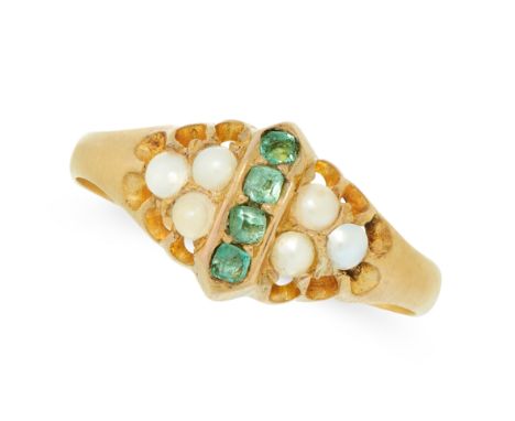 AN EMERALD AND PEARL RING, 1924 in 15ct yellow gold, set with a row of four step cut emeralds, between two trios of pearls, f