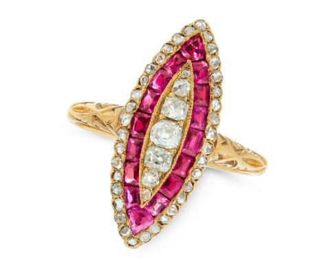 A RUBY AND DIAMOND DRESS RING in 18ct yellow gold, the marquise face is set with a cluster of old cut diamonds in a border of