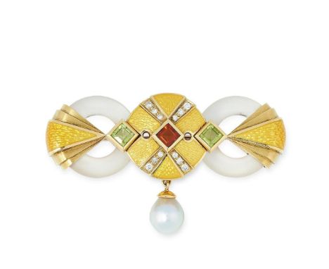 A JEWELLED ENAMEL BROOCH, STEPHEN WEBSTER in 18ct yellow gold, formed of two circular pieces of carved rock crystal, accented