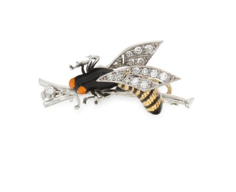 A DIAMOND AND ENAMEL WASP BROOCH in 18ct white gold, designed as a wasp, the body decorated with black and yellow enamel, set