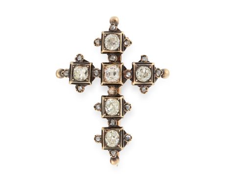 AN ANTIQUE DIAMOND AND ENAMEL CROSS BROOCH / PENDANT, 19TH CENTURY in yellow gold and silver, designed as a cross, set with s
