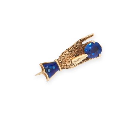 AN ANTIQUE SAPPHIRE AND ENAMEL HAND BROOCH in yellow gold, designed as a hand, the cuff decorated with blue enamel, the hand 