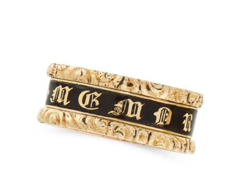 AN ANTIQUE ENAMEL MOURNING RING, 1823 in high carat yellow gold, the band with a central panel of black enamel with applied g