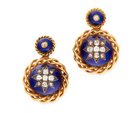 A PAIR OF ANTIQUE DIAMOND AND ENAMEL EARRINGS, 19TH CENTURY in yellow gold, each of circular design, set with clusters of old