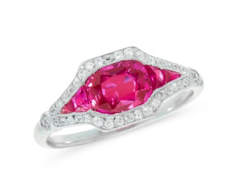 A BURMA NO HEAT RUBY AND DIAMOND RING in 18ct white gold, set with a cushion cut ruby of 1.32 carats between graduated calibr