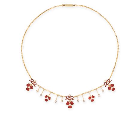 AN ANTIQUE PEARL AND ENAMEL NECKLACE, CIRCA 1900 in yellow gold, the belcher link chain punctuated a trio of lovers' knot mot