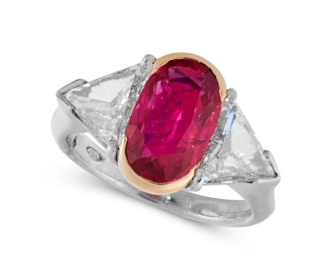 A FINE BURMA NO HEAT RUBY AND DIAMOND RING in platinum and yellow gold, set with an oval cut ruby of 3.70 carats between two 