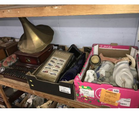 A gramophone, abacus and two trays of assorted
