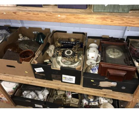 Shelf of assorted china, glassware, clocks