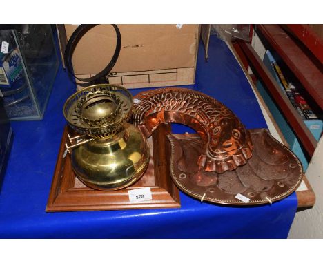 Mixed Lot:  Copper fish mould, dust tray, brass oil lamp etc