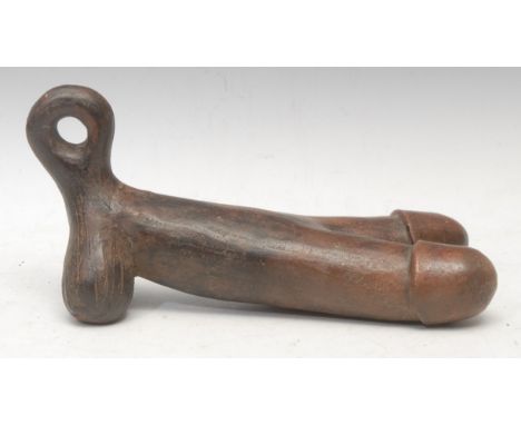 Tribal Art - a Southeast Asian composite cast, of a double-ended phallus, loop handle, 31cm long overall, probably Thai