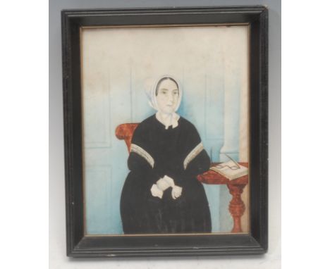 English School (19th century)Portrait of a Lady, Her Book and Reading Glasses Beside Herwatercolour, label to verso inscribed