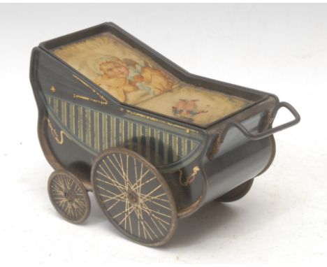 Advertising Tins - an early 20th century novelty lithographed tinplate biscuit tin, modelled as a pram, the cover with baby w