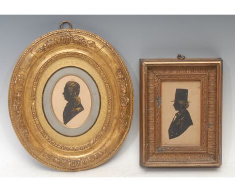 English School (19th century), a cut paper silhouette, portrait of a gentleman, picked out in gilt, 10cm x 7cm, oval gilt fra