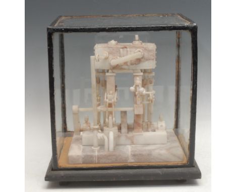Engineering History - an alabaster mechanical model, of a pumping engine, glass case, ebonised plinth base, 32cm high, 29cm w