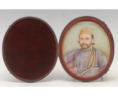 A late 19th/early 20th century portrait miniature, of a Grand Tour gentleman in Turkish garb, watercolour on ivory, 10cm x 8c