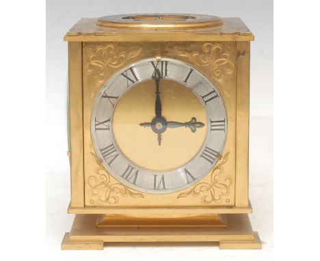 A Kirby Beard type gilt metal clock and weather compendium, silvered Roman chapter ring inscribed JUST, with within scrolling