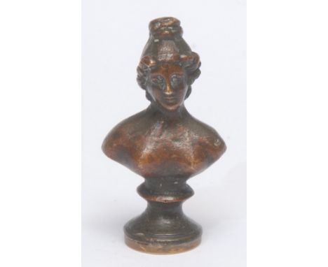 Seals - a 19th century brown patinated bronze desk seal, as a portrait bust, of a young lady, 5.5cm high