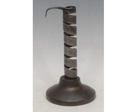 A 19th century French rat de cave candlestick, wrought iron column, hardwood base, 18cm high overall