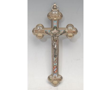 An Italian silver plated micro-mosaic corpus Christi, the cross inlaid with Ancient Roman buildings within quatrefoil borders
