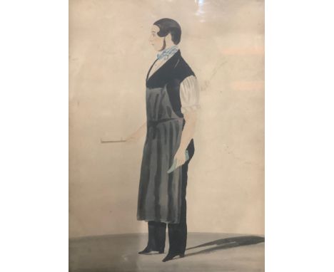 English School (19th century), a full-length colour portrait, of a cobbler or shoe maker holding the tools of his trade, wate