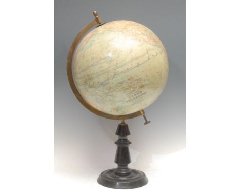 Cartography - an early 20th century 12" terrestrial globe, the Globe Terrestre, by J Forest, adjustable brass meridian ring, 